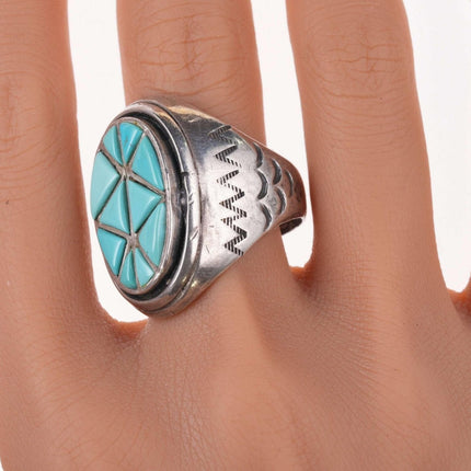 sz12.75 Vintage Native American turquoise channel inlay sterling ring