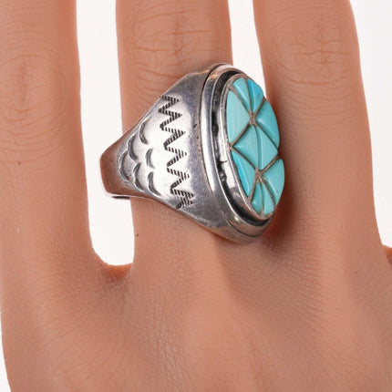 sz12.75 Vintage Native American turquoise channel inlay sterling ring