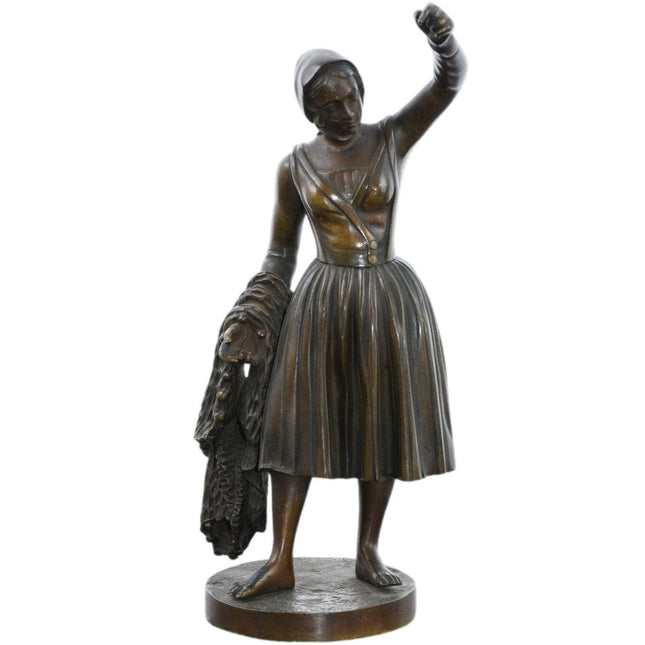 1860 Antique Bronze Statue with Woman Holding net