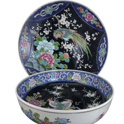 c1900 Meiji Period Japanese Birds of Paradise Charger and Bowl