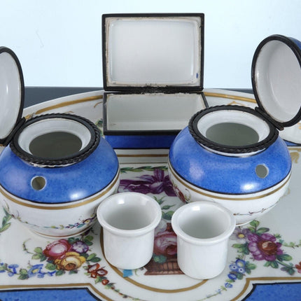 Antique Sevres Style French Porcelain Inkwells/tray/Match box