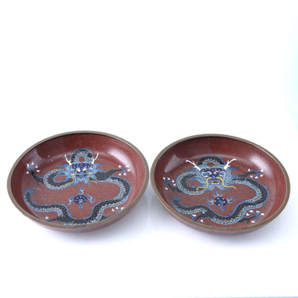 c1915 Republic Period Chinese Cloisonne Dragon Cup Plates with Very intricate wo