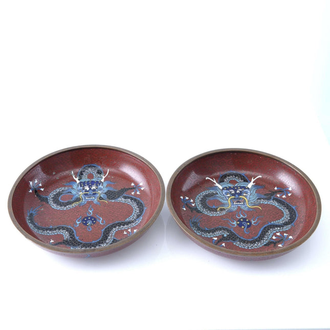 c1915 Republic Period Chinese Cloisonne Dragon Cup Plates with Very intricate wo