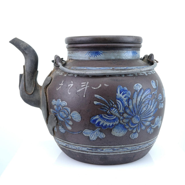 Antique Chinese Yixing Zisha Teapot Pewter Mounted Hand Enameled Decoration