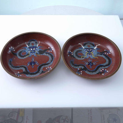 c1915 Republic Period Chinese Cloisonne Dragon Cup Plates with Very intricate wo