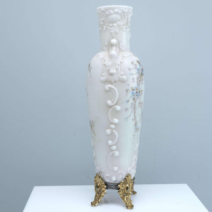 c1890 Wavecrest CF Monroe Hand painted American Art Glass Vase with Ormula Feet