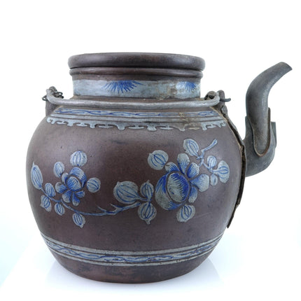 古董中国宜兴紫砂茶壶锡制手工珐琅装饰