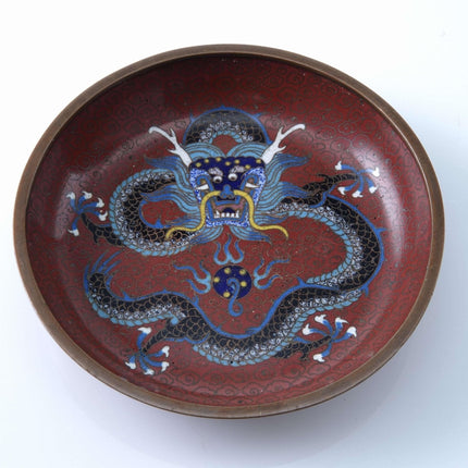 c1915 Republic Period Chinese Cloisonne Dragon Cup Plates with Very intricate wo