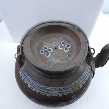 古董中国宜兴紫砂茶壶锡制手工珐琅装饰