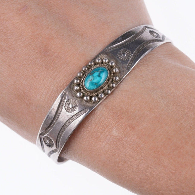 6 3/8" 30's Navajo Hand stamped silver and turquoise Fred Harvey era bracelet