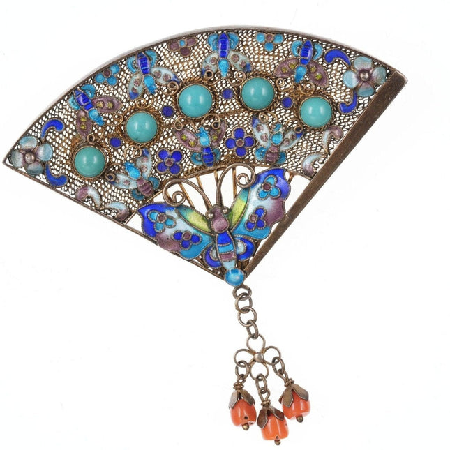 1930's Chinese Gilt Sterling Silver Enamel with Turquoise and coral fan brooch