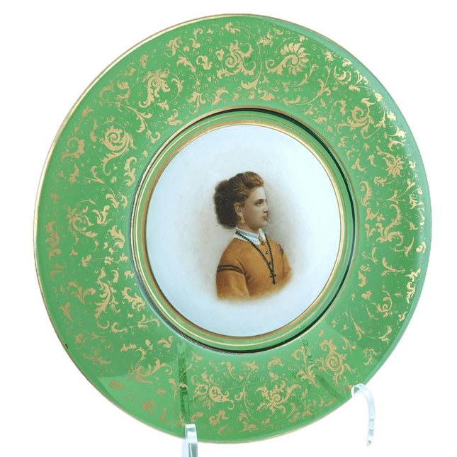 绿色 Moser 肖像板女士带念珠金色花卉装饰 9.25 英寸