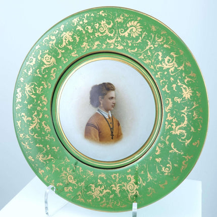 Green Moser Portrait Plate Woman with Rosary gold Floral Accents 9.25"
