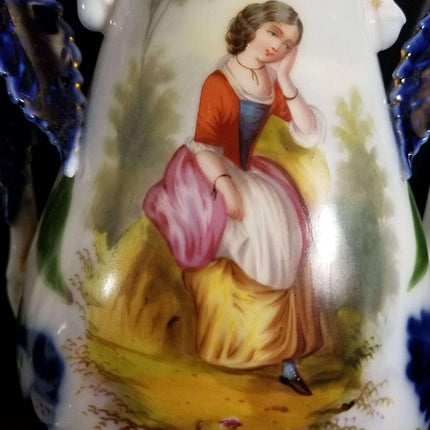Old Paris Porcelain Hand Painted Portrait vases Courting Youths Man playing inst