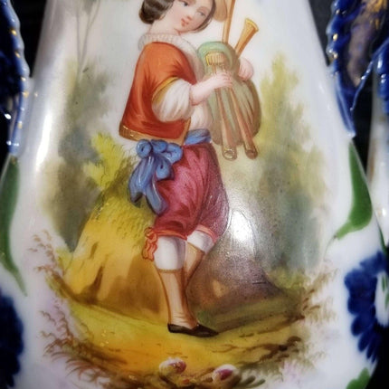 老巴黎瓷器手绘肖像花瓶求爱青年男子演奏乐器 12 英寸 c.1850 年印象标记 P&amp;A