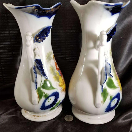 Old Paris Porcelain Hand Painted Portrait vases Courting Youths Man playing inst