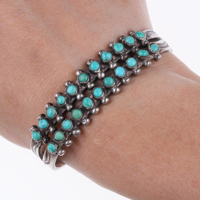 6.25" c1930's Zuni Snake eye turquoise stamped silver bracelet