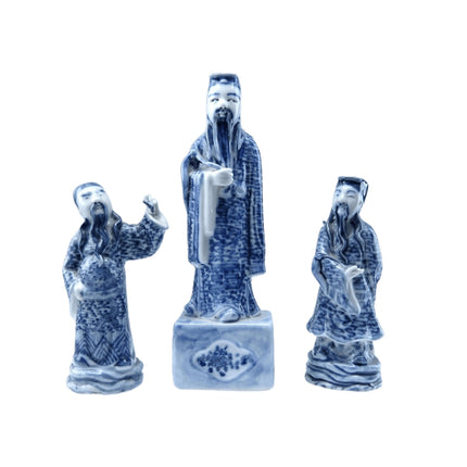 c1910 Antikes chinesisches Fu Lu Shou Figues Lot in Blau und Weiß