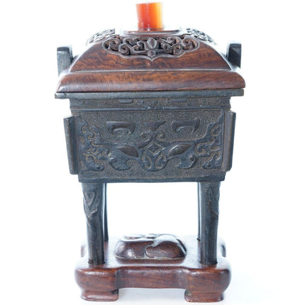 Antique chinese bronze censer with wood lid agate finial