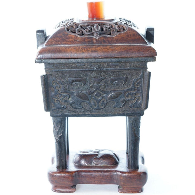 Antique chinese bronze censer with wood lid agate finial