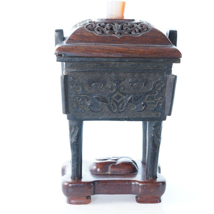 Antique chinese bronze censer with wood lid agate finial