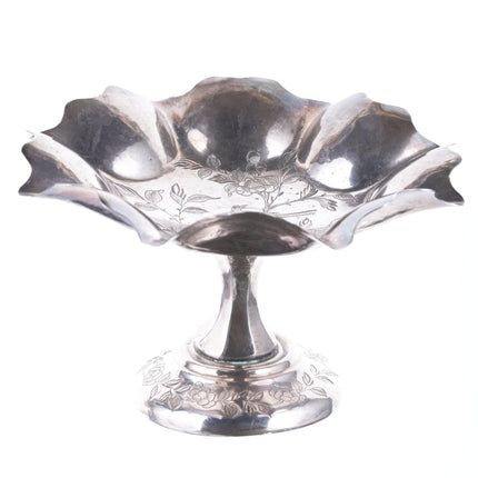 Antique chinese export silver fluted compote with engraved bird and flowers