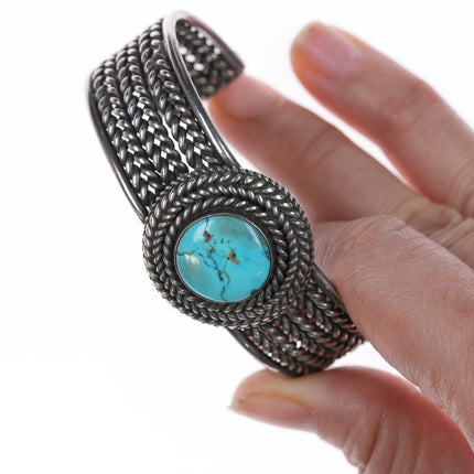 6.25" Vintage Native American Silver and turquoise twisted wire Cuff bracelet