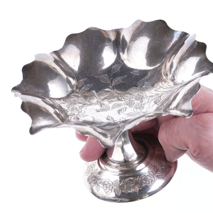 Antique chinese export silver fluted compote with engraved bird and flowers