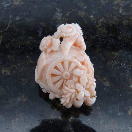 Antique chinoisiere 18k white gold carved coral  watermill with peony flowers j.