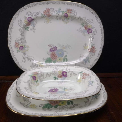 Coalport Churchill Grey Transferware, Handpainted Multicolor Flowers, Gold trim