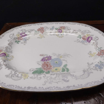 Coalport Churchill Grey Transferware, Handpainted Multicolor Flowers, Gold trim