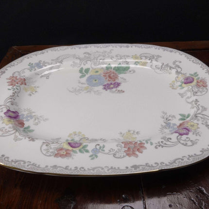 Coalport Churchill Grey Transferware, Handpainted Multicolor Flowers, Gold trim