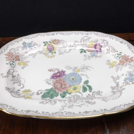 Coalport Churchill Grey Transferware, Handpainted Multicolor Flowers, Gold trim