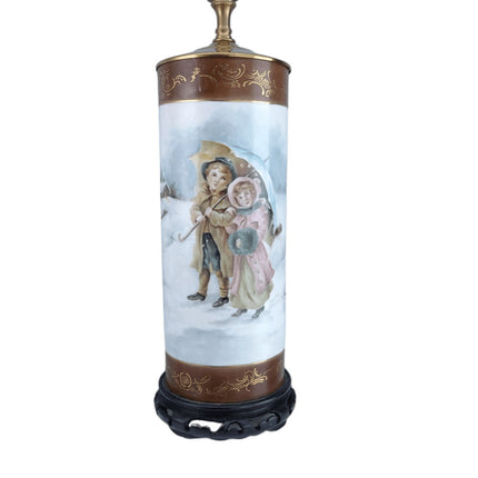 Antique Hand Painted Limoges Lamp Mothers and Daughters and Children in the Snow