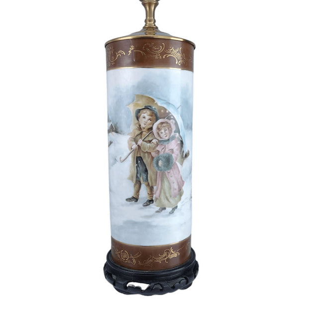 Antique Hand Painted Limoges Lamp Mothers and Daughters and Children in the Snow