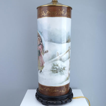 Antique Hand Painted Limoges Lamp Mothers and Daughters and Children in the Snow