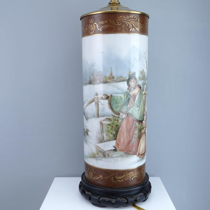 Antique Hand Painted Limoges Lamp Mothers and Daughters and Children in the Snow