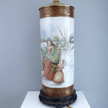 Antique Hand Painted Limoges Lamp Mothers and Daughters and Children in the Snow