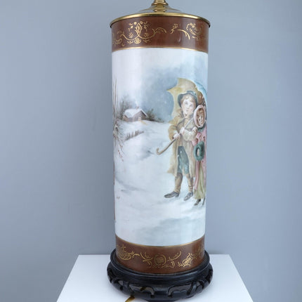 Antique Hand Painted Limoges Lamp Mothers and Daughters and Children in the Snow