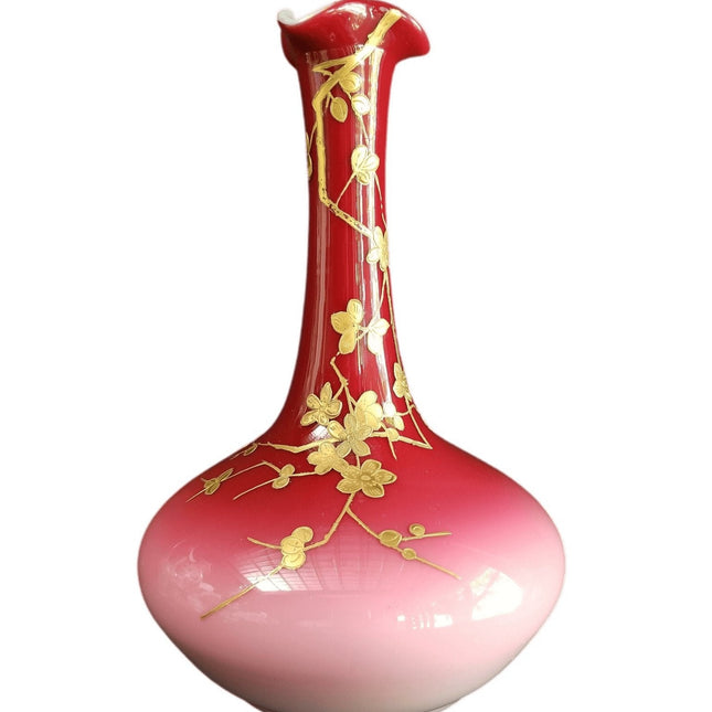 c1890 Glossy Peachblow Stick Neck Vase Heavy Gold Chinoiserie Enameled