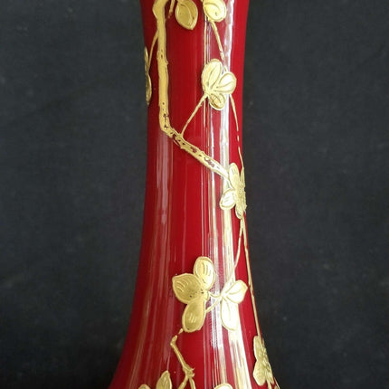 c1890 Glossy Peachblow Stick Neck Vase Heavy Gold Chinoiserie Enameled