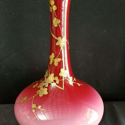 c1890 Glossy Peachblow Stick Neck Vase Heavy Gold Chinoiserie Enameled