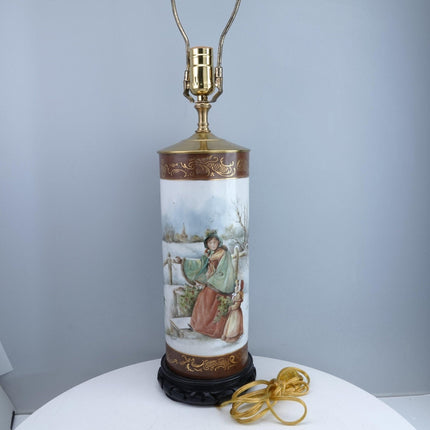 Antique Hand Painted Limoges Lamp Mothers and Daughters and Children in the Snow