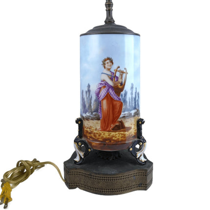 Antique Hand Painted Limoges Lamp w/Neoclassical Woman Playing Lyre