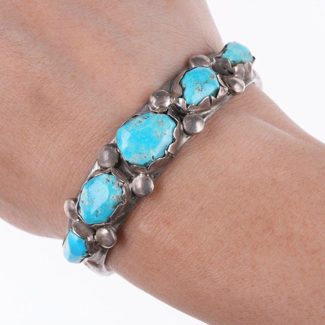 6 3/8" 40's-50's Zuni Silver and carved turquoise row cuff bracelet