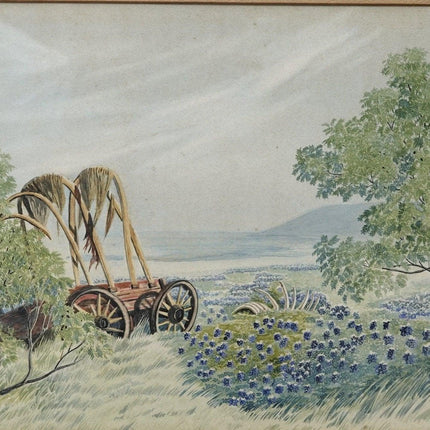 1941 Bob Crabb Texas Hill country Bluebonnet Landscape Watercolor