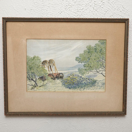 1941 Bob Crabb Texas Hill country Bluebonnet Landscape Watercolor