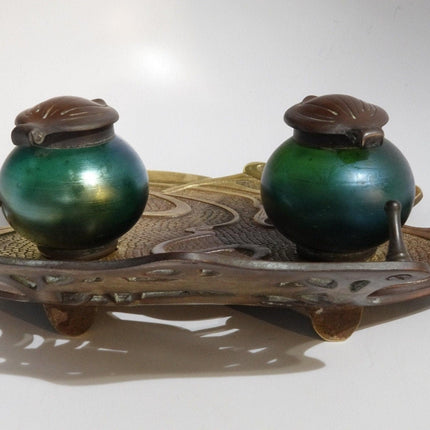 c.1900 Kralik Iridescent Art Glass Inkwell in Water Lily Motif Stand Bohemian