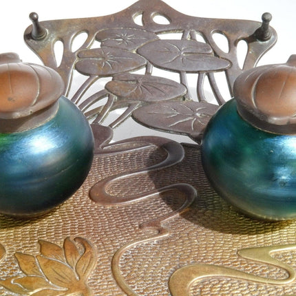 c.1900 Kralik Iridescent Art Glass Inkwell in Water Lily Motif Stand Bohemian