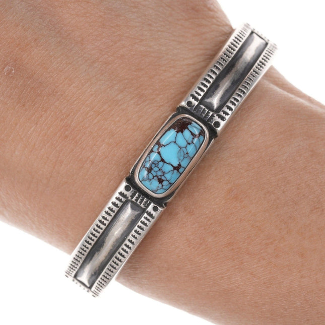 6.25" Alex Horst High Grade Spiderweb turquoise heavy stamped sterling bracelet v